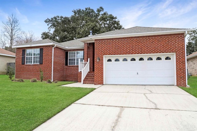 ranch-style home featuring brick siding, a shingled roof, a garage, driveway, and a front lawn