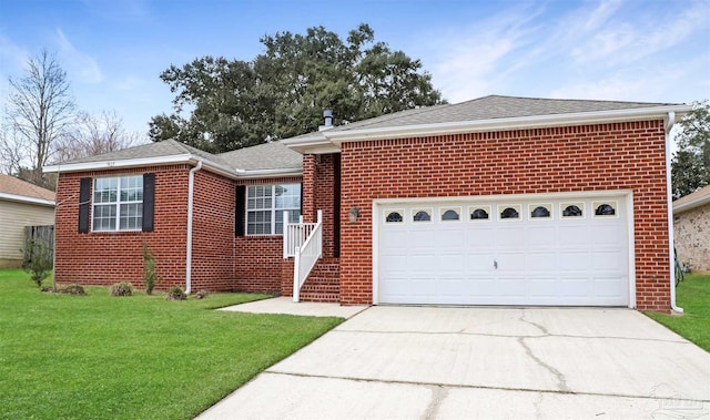 ranch-style home featuring brick siding, roof with shingles, concrete driveway, an attached garage, and a front yard