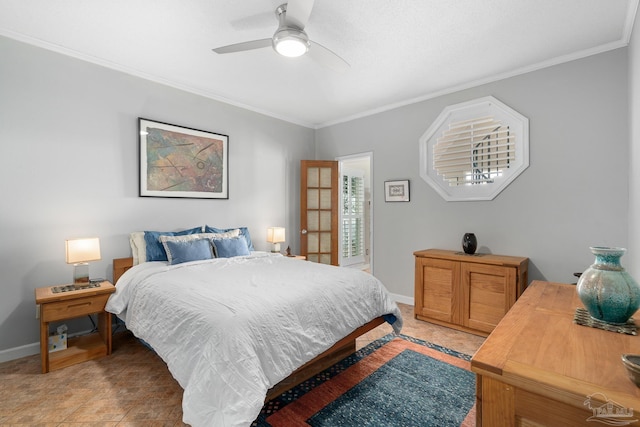 bedroom with a ceiling fan, crown molding, and baseboards