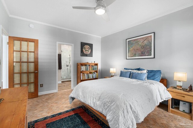 bedroom featuring baseboards, ornamental molding, ceiling fan, and ensuite bathroom