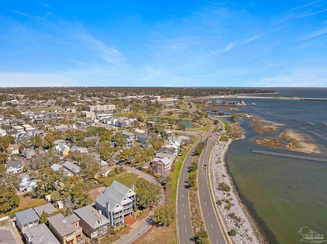 aerial view with a water view and a residential view