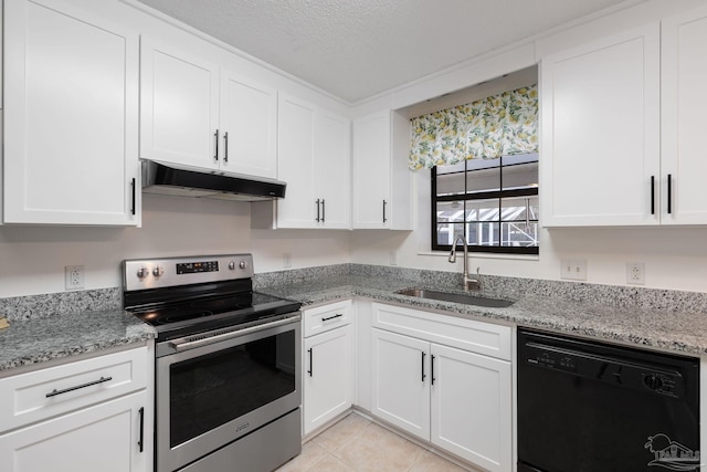 kitchen with black dishwasher, electric range, white cabinets, under cabinet range hood, and a sink