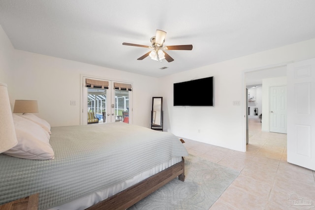 bedroom with french doors, visible vents, light tile patterned flooring, ceiling fan, and access to outside