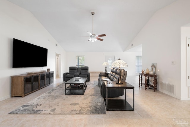 living room featuring visible vents, ceiling fan, high vaulted ceiling, tile patterned flooring, and baseboards