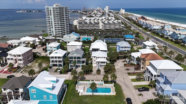 bird's eye view with a water view