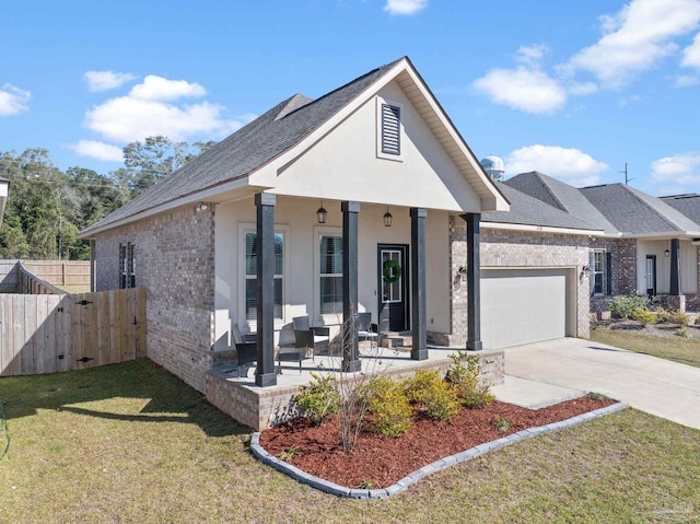 view of front of house with a garage, brick siding, fence, concrete driveway, and a front lawn