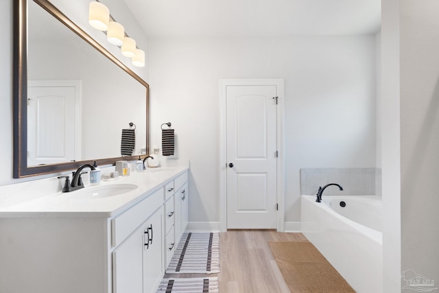 bathroom with wood finished floors, a sink, a bath, and double vanity