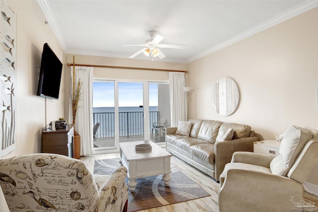 401 E Beach Blvd Unit 1207, Gulf Shores, AL 36542 - living area featuring ceiling fan, ornamental molding, and light wood finished floors