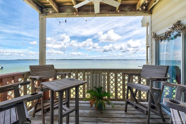 wooden terrace featuring a water view