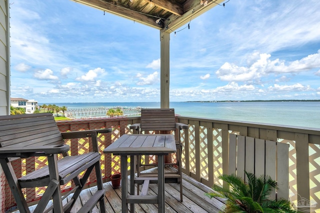 deck featuring a water view