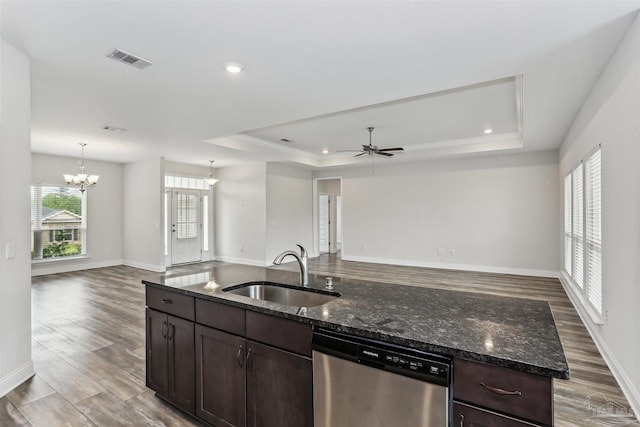415 Broadleaf Cir, Cantonment, FL 32533 - kitchen featuring dishwasher, a sink, open floor plan, a raised ceiling, and dark brown cabinetry