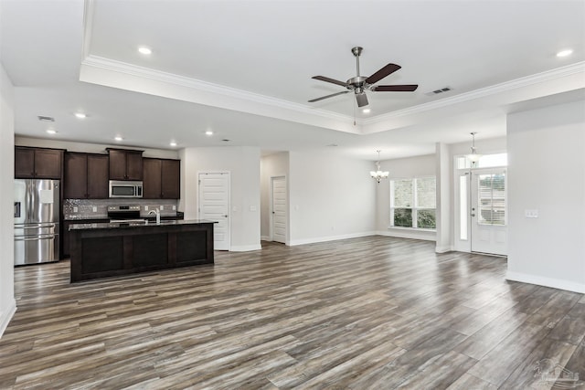 415 Broadleaf Cir, Cantonment, FL 32533 - kitchen with stainless steel appliances, open floor plan, dark wood finished floors, a chandelier, and ceiling fan