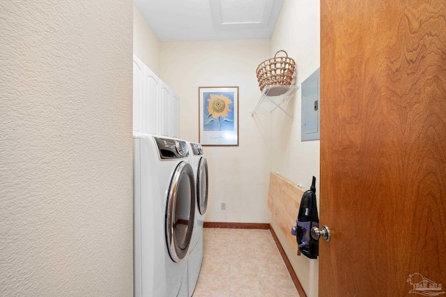 laundry area with electric panel and washer and dryer