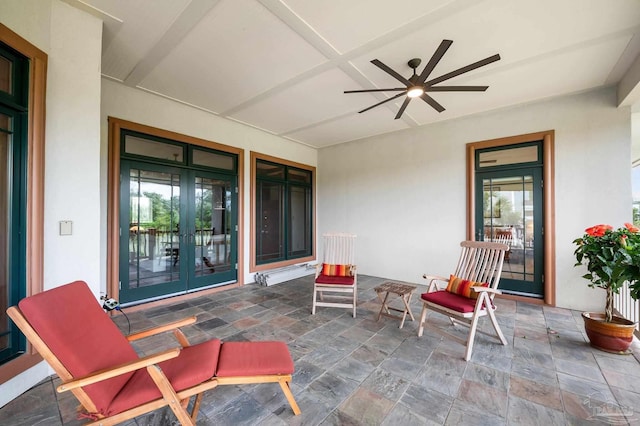 view of patio / terrace with ceiling fan and french doors