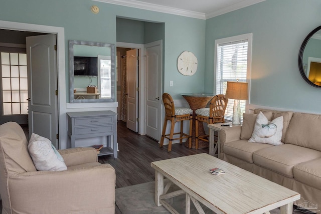 living room with ornamental molding and dark wood-type flooring