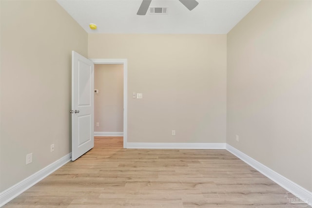 unfurnished room with ceiling fan and light hardwood / wood-style flooring