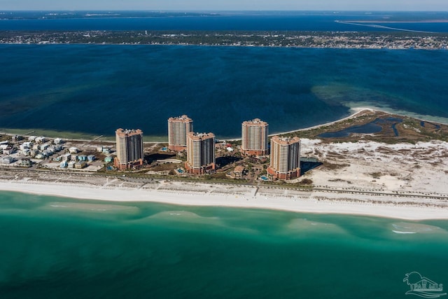 aerial view featuring a water view and a beach view