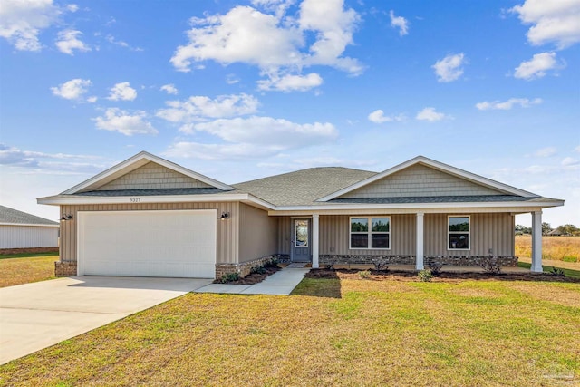 single story home with a garage, a porch, and a front lawn