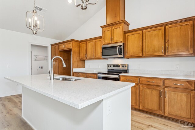 kitchen with sink, an island with sink, and appliances with stainless steel finishes