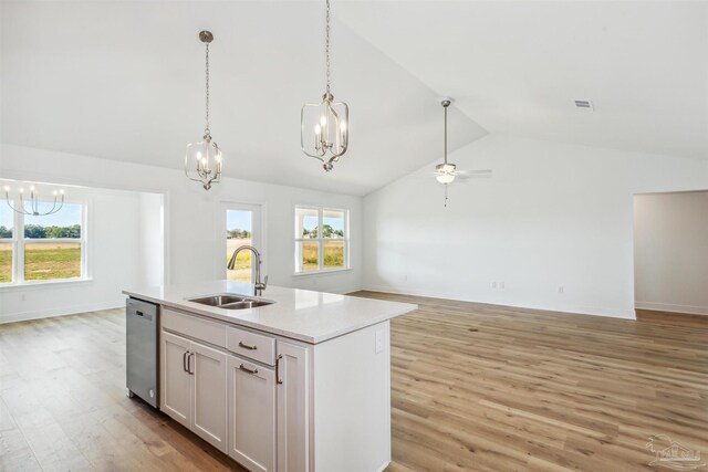 kitchen featuring stainless steel dishwasher, an island with sink, sink, and light wood-type flooring