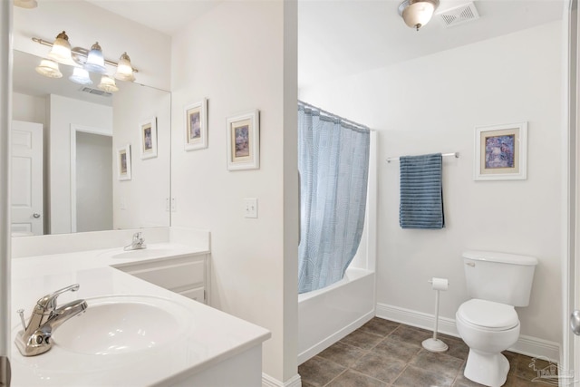 full bathroom with shower / bath combination with curtain, vanity, toilet, and tile patterned flooring