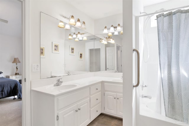 bathroom with vanity, tile patterned floors, and shower / tub combo with curtain