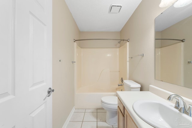 full bathroom featuring shower / tub combination, vanity, a textured ceiling, tile patterned floors, and toilet