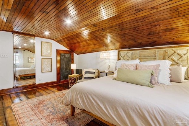 bedroom with dark wood-style floors, lofted ceiling, wood ceiling, and baseboards