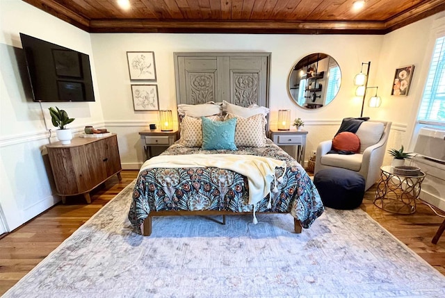 bedroom featuring wooden ceiling, recessed lighting, crown molding, and wood finished floors