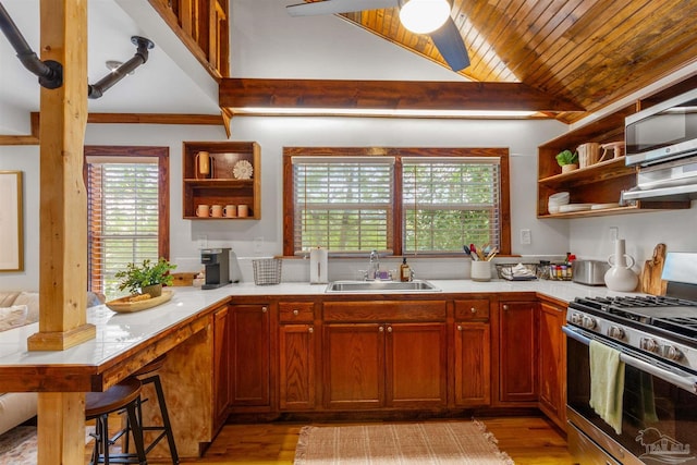 kitchen with light countertops, appliances with stainless steel finishes, open shelves, and a sink