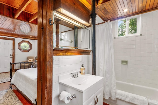 full bathroom with shower / tub combo, wood ceiling, wood finished floors, vanity, and backsplash