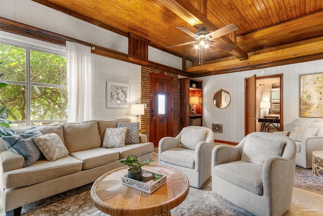 living room with ceiling fan, beamed ceiling, and wooden ceiling