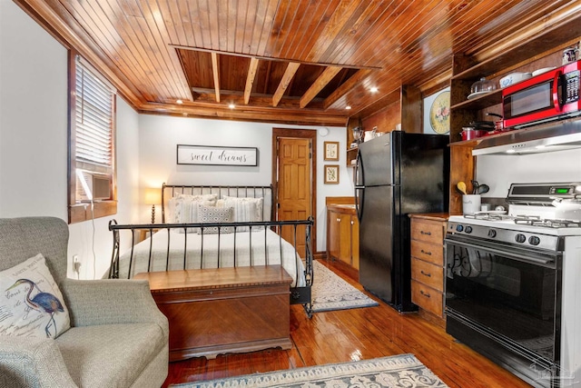 bedroom with crown molding, light wood-style flooring, freestanding refrigerator, wood ceiling, and cooling unit