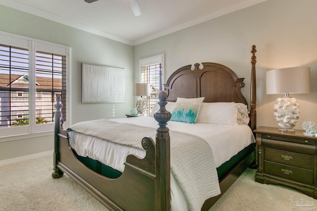 14273 Beach Heather Ct, Pensacola, FL 32507 - carpeted bedroom with baseboards, a ceiling fan, and crown molding
