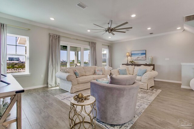 14273 Beach Heather Ct, Pensacola, FL 32507 - living area featuring light wood-style flooring, ceiling fan, and ornamental molding