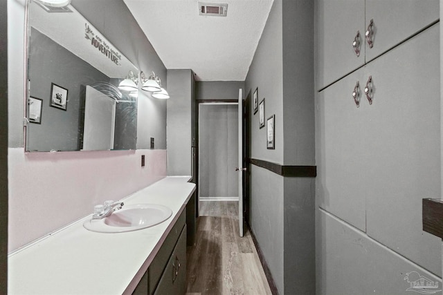 bathroom with vanity, hardwood / wood-style floors, and a textured ceiling