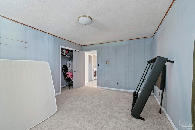 exercise room with light carpet, wood walls, a textured ceiling, and washer / clothes dryer