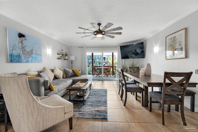 tiled living room featuring ceiling fan and ornamental molding