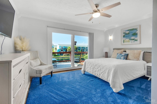 carpeted bedroom featuring ceiling fan, access to exterior, and ornamental molding