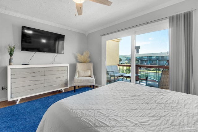 bedroom featuring ceiling fan, access to exterior, hardwood / wood-style floors, crown molding, and a textured ceiling