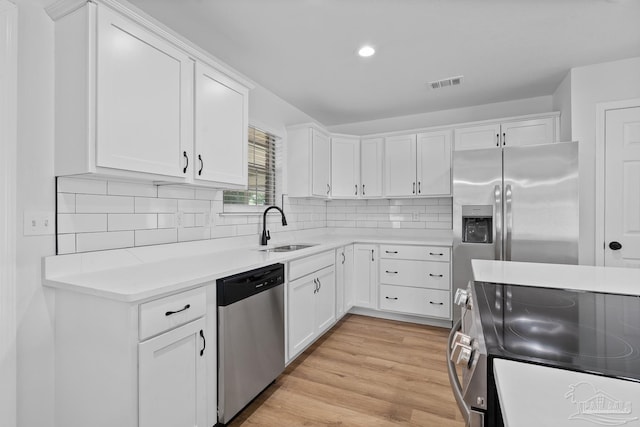 kitchen with appliances with stainless steel finishes, white cabinets, tasteful backsplash, and sink