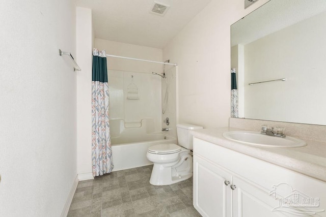 full bathroom with visible vents, toilet, shower / bath combo, and vanity