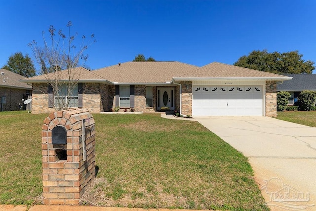 single story home featuring roof with shingles, concrete driveway, an attached garage, a front yard, and brick siding