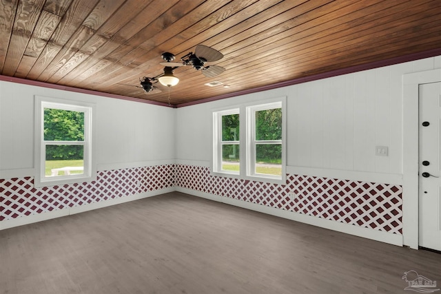 4881 Calvin Dr, Milton, FL 32583 - unfurnished room featuring wood ceiling, plenty of natural light, dark wood-style floors, ceiling fan, and a wainscoted wall