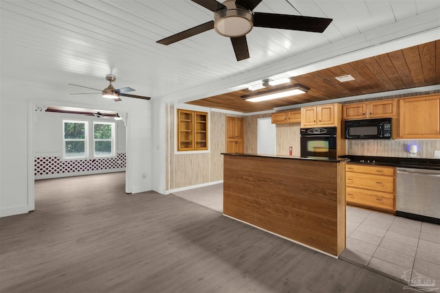 4881 Calvin Dr, Milton, FL 32583 - kitchen featuring black appliances, wooden ceiling, dark countertops, ceiling fan, and light wood-style floors