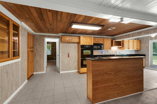 4881 Calvin Dr, Milton, FL 32583 - kitchen featuring black appliances, wood ceiling, dark countertops, a sink, and light tile patterned floors