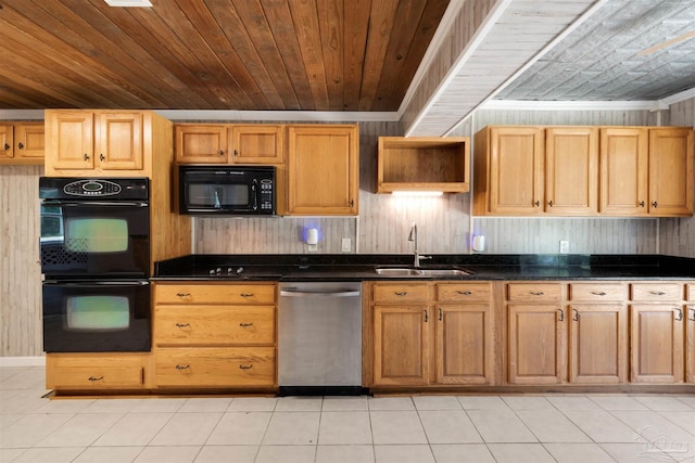 4881 Calvin Dr, Milton, FL 32583 - kitchen with black appliances, a sink, wood ceiling, crown molding, and light tile patterned floors