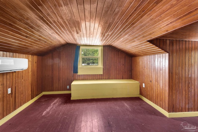 4881 Calvin Dr, Milton, FL 32583 - additional living space with a wall unit AC, wood ceiling, hardwood / wood-style floors, vaulted ceiling, and wooden walls