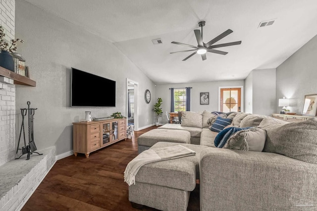 4684 Evelyn St, Pace, FL 32571 - living area with lofted ceiling, a ceiling fan, dark wood-style floors, a fireplace, and baseboards