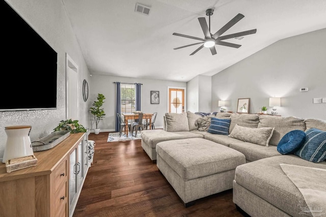4684 Evelyn St, Pace, FL 32571 - living room featuring vaulted ceiling, ceiling fan, and dark wood-type flooring